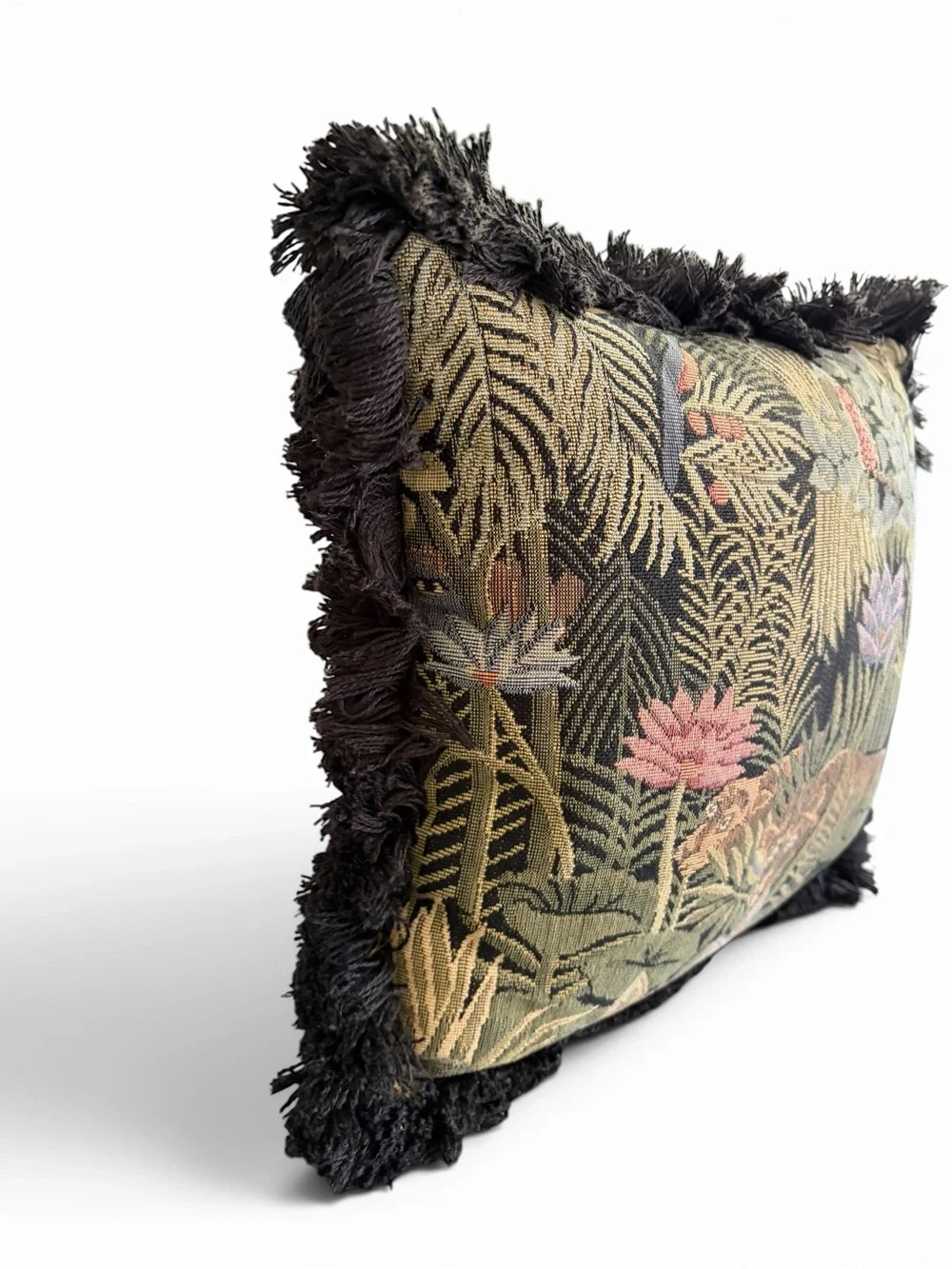 Vintage Black Floral and Animal Tapestry Accent Pillow